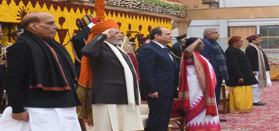 The President of India, H.E. Smt Droupadi Murmu and the Prime Minister of India, H.E. Shri Narendra Modi taking the salute at Kartavya Path in New Delhi on January 26, 2023. H.E. Mr. Abdel Fatah El Sisi, President of the Arab Republic of Egypt attended the Parade on 74th Republic Day of India as Chief Guest. 